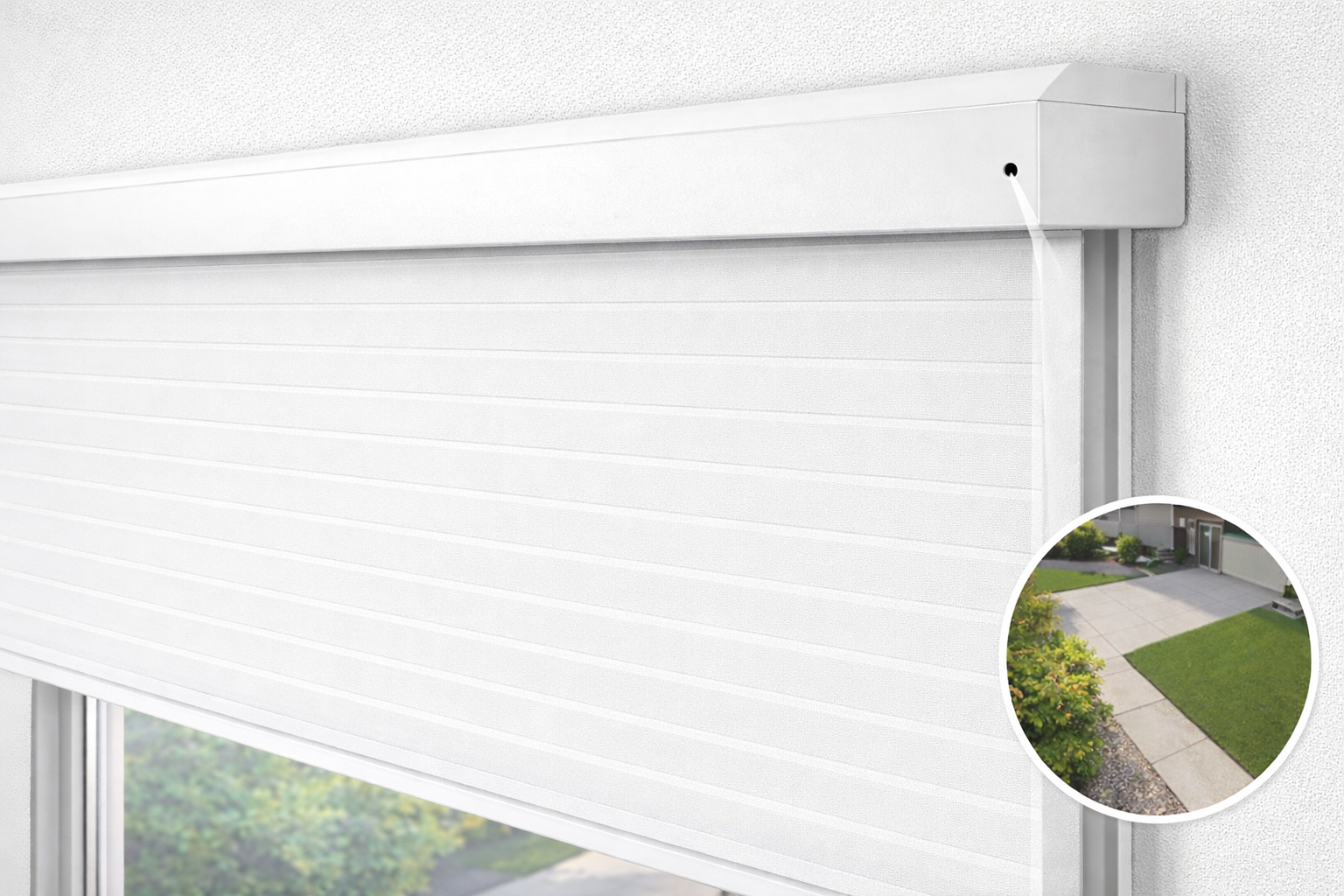 BlindsGuard Pro roller blind with integrated security camera showing interior room view